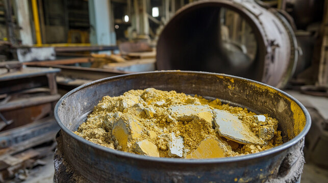 Yellowcake uranium metal stored in industrial facility Generative AI