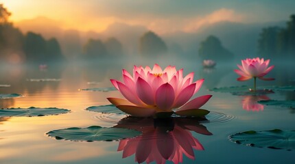 Peaceful Pink Lotus Flower on Calm Lake at Sunrise