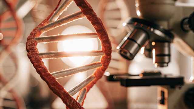 Close-up of glowing DNA double helix with red warning sign symbolizing cancer risk, set in a medical lab with test tubes and microscopes. Genetic research, health risk awareness