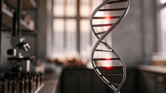 Close-up of glowing DNA double helix with red warning sign symbolizing cancer risk, set in a medical lab with test tubes and microscopes. Genetic research, health risk awareness