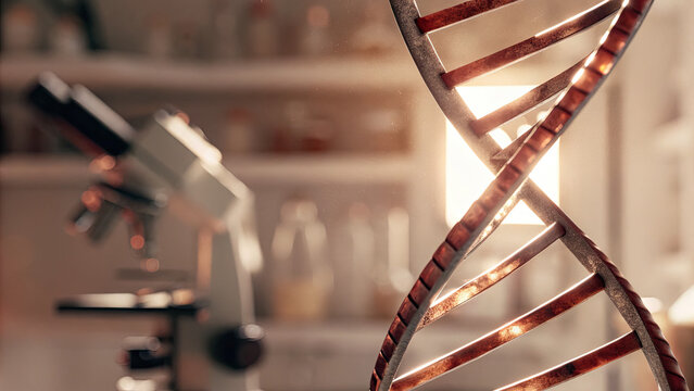 Close-up of glowing DNA double helix with red warning sign symbolizing cancer risk, set in a medical lab with test tubes and microscopes. Genetic research, health risk awareness