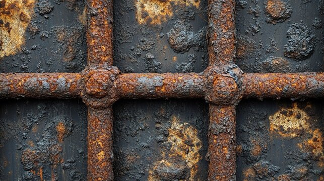 A medium closeup of rusted rebar at intersections. 
