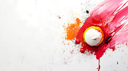 Artistic dessert presentation with splashes of red, orange, and yellow on a white background. The...