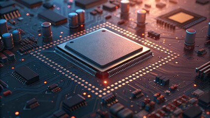 Obraz premium A close-up view of a microchip on a circuit board, showcasing intricate details and illuminated components in a high-tech setting.