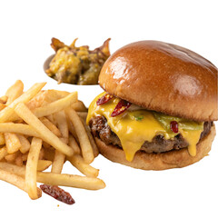 Juicy Cheeseburger with Fries Meal bun isolated on white background
