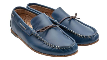 Pair of stylish blue leather loafers isolated on transparent background