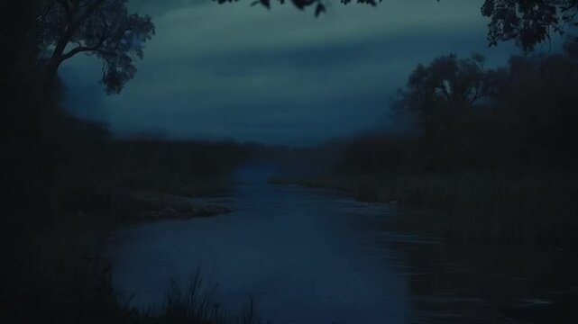 Dramatic stormy sky with lightning striking and dark clouds over a tranquil river at dusk
