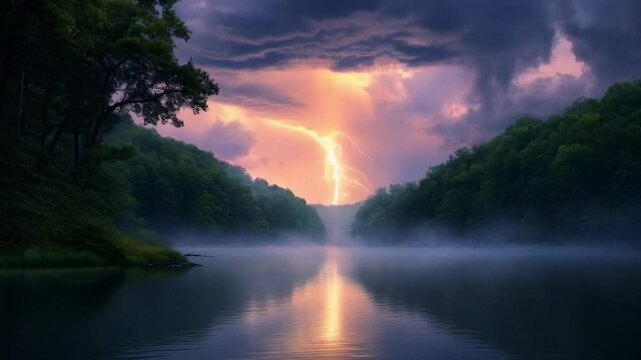 Lightning striking over a river surrounded by lush greenery and dramatic clouds at dusk
