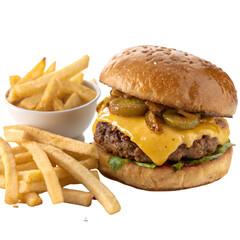 Juicy Cheeseburger with Fries Meal bun isolated on white background