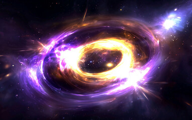 Obraz premium Abstract cosmic galaxy with swirling purple and gold energy and stars.