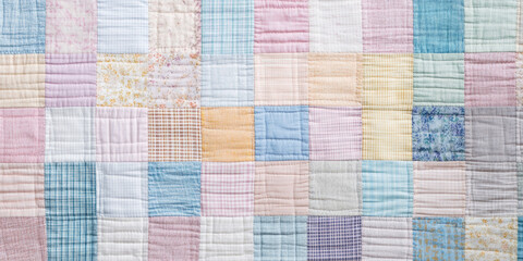 A handcrafted patchwork quilt fabric texture background in multicolor pastels. The detailed, stitched squares create a warm, vintage aesthetic, perfect for cozy home decor and nostalgic fashion.