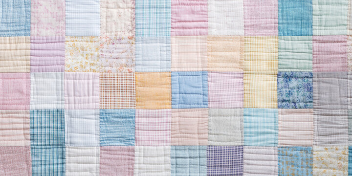 A handcrafted patchwork quilt fabric texture background in multicolor pastels. The detailed, stitched squares create a warm, vintage aesthetic, perfect for cozy home decor and nostalgic fashion.