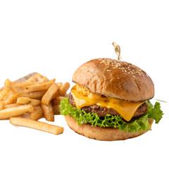 Juicy Cheeseburger with Fries Meal bun isolated on white background