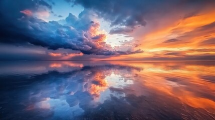 Fototapeta premium Breathtaking Sunset Over Calm Water with Dramatic Clouds and Reflections