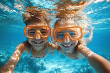Fototapeta premium Smiling Kids Underwater with Goggles Enjoying a Joyful Summer Adventure