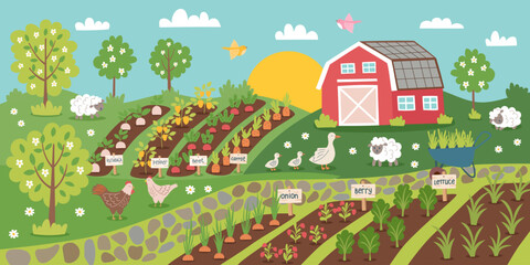 Gardening concept banner. Farming nature background. Farmhouse, planted plants and livestock. Vector hand drawn flat illustration.