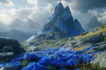 Obraz premium Majestic mountains adorned with vibrant blue flora in a serene landscape under a dramatic sky