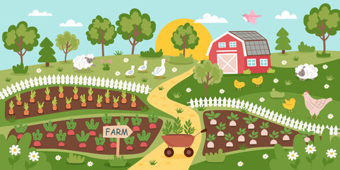 Farming concept banner. Gardening nature background. Farmhouse, planted plants and livestock. Vector illustration in flat style.	