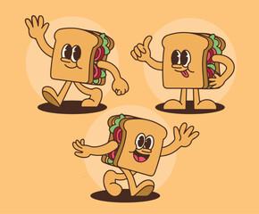 Retro Sandwich Mascot for Cafe Restaurant Branding with Cartoon Hand-Drawn Character in Vintage Style