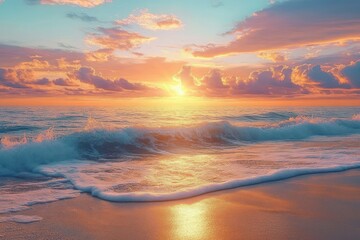 serene ocean sunset warm golden hour soft waves sandy beach beautiful mediterranean tropical sunrise