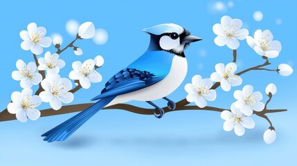 Colorful blue jay perched on cherry blossom branch digital artwork nature scene vibrant environment close-up view