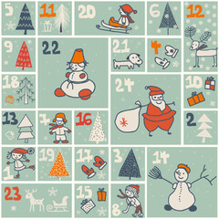 Cute hand drawn Christmas advent calendar. Countdown holiday calendar. Doodles. Surprise cards. Vector illustration