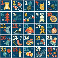 Cute hand drawn Christmas advent calendar. Countdown holiday calendar. Doodles. Surprise cards. Vector illustration