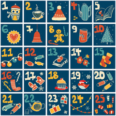 Cute hand drawn Christmas advent calendar. Countdown holiday calendar. Doodles. Surprise cards. Vector illustration