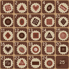 Cute hand drawn Christmas advent calendar with chocolate candies different types and forms. Countdown holiday calendar. Doodles. Surprise cards. Vector illustration