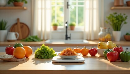 Bright Healthy Kitchen Counter with Vegetables and Scale