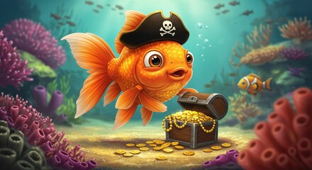 Adorable Pirate Goldfish Discovering Underwater Treasure Chest in Vibrant Coral Reef