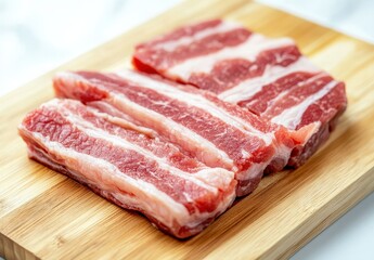 Freshly Cut Pork Belly Slices on Wooden Cutting Board Perfect for Cooking and Meal Preparation in Culinary Arts and Recipe Development
