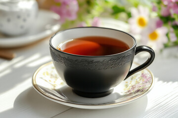 Cozy Black Tea Cup with Floral Accents in a Sunlit Room