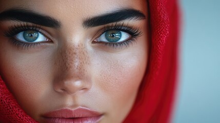 Close-up portrait of a woman with striking eyes and subtle freckles. A red scarf draped around her head