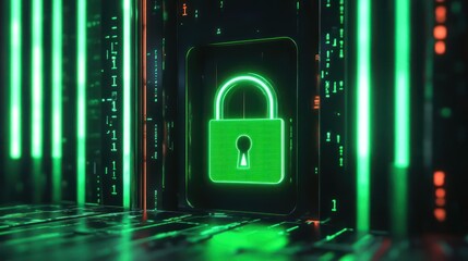 Futuristic Green Code Padlock Floating in Matrix Background with Copy Space