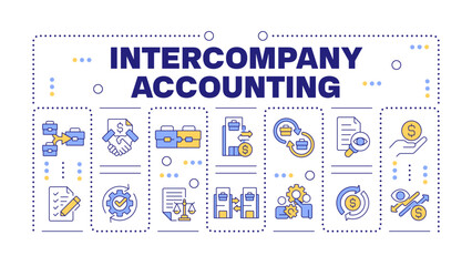 Intercompany accounting word concept isolated on white. Financial activity between entities. Creative illustration banner surrounded by editable line colorful icons. Hubot Sans font used