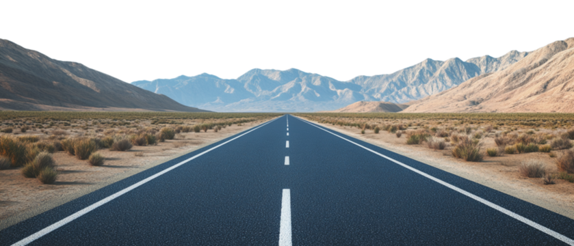 Photo of asphalt road in desert mountains, isolated on white background