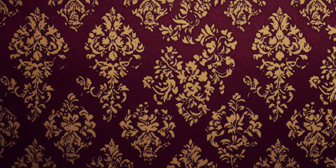 A luxurious damask fabric texture background in rich burgundy and gold. The elegant, symmetrical floral motifs and raised woven patterns add an aristocratic, vintage, and decorative charm.