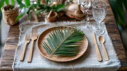 Rustic wooden table setting with plate, leaf, cutlery and glass. Natural tones and textures for dining and decoration. Indoor, bright style.