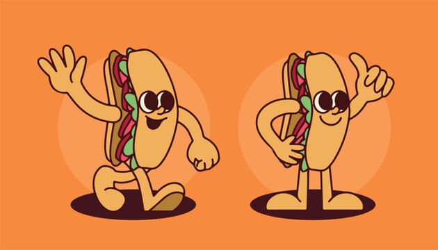 Retro Sub Sandwich Mascot for Cafe Restaurant Branding with Cartoon Hand-Drawn Characters in Vintage Style