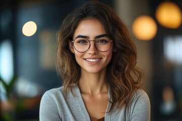 smiling business woman in modern office with crossed arms professional portrait