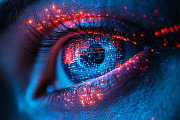 Close-Up of a Human Eye with Futuristic Augmented Reality Interface Projected Across the Lens, Featuring Digital Map, Icons, and Complex Data Flow in Neon Colors