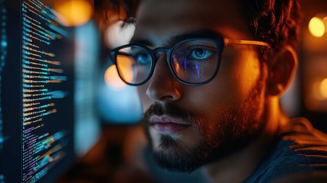 Focused Programmer Working Late Night on Coding Project in Dim Office