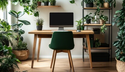 A wooden desk with a computer surrounded by many green plants