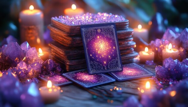 Tarot Card Reading with Candlelight and Purple Crystals for Fortunetelling and Astrology