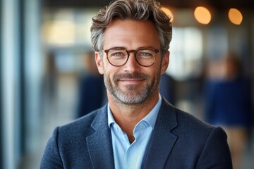 Naklejka premium Confident Businessman with Glasses in Modern Office Portrait