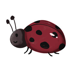 Cute cartoon illustration of a ladybug with black spots on a red shell.