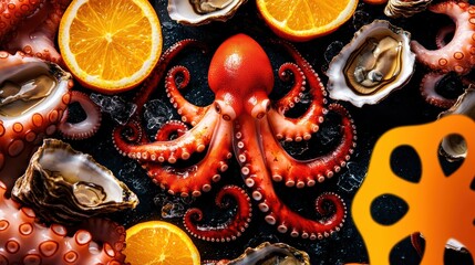 Seamless summer seafood platter pattern with grilled octopus, fresh oysters, and citrus-infused sauces, luxurious coastal fine-dining feel