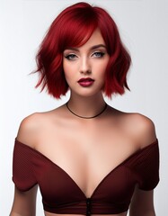 Fototapeta premium studio portrait of a red haired woman with short hair wearing a low cut dark red bordeaux dress with nude shoulders on a white background, fashion photography