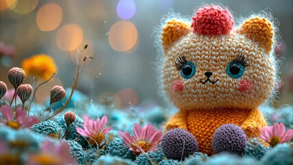A cute yellow knitted toy with a red pompom sits on a blue pillow. The toy has pink cheeks and smart eyes. Blurred flowers in the background create a whimsical scene - Powered by Adobe